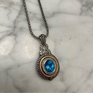 Sterling Silver and 18K Gold 11x9 mm Faceted Swiss Blue Topaz Pendant and Chain